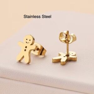 Gold Tone Stainless Steel Gingerbread Man Stud Earrings Holiday Christmas Fun